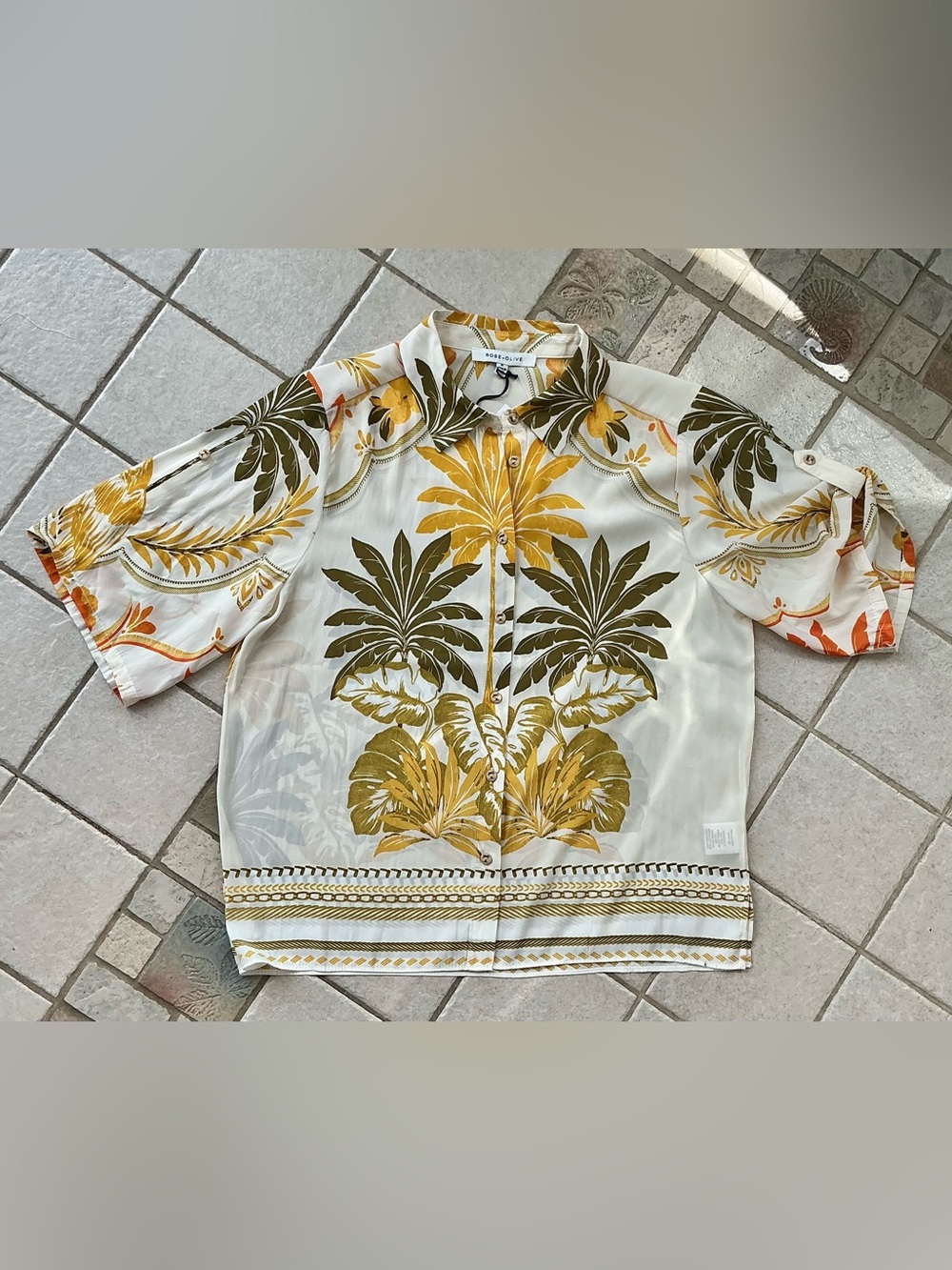 Rose & Olive Tropical Palm Print Button-Up in White, Olive & Mustard